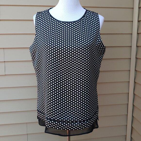 Calvin Klein Black Polka-Dot Shell Blouse Sleeveless Chiffon Trim Satin - Picture 2 of 14